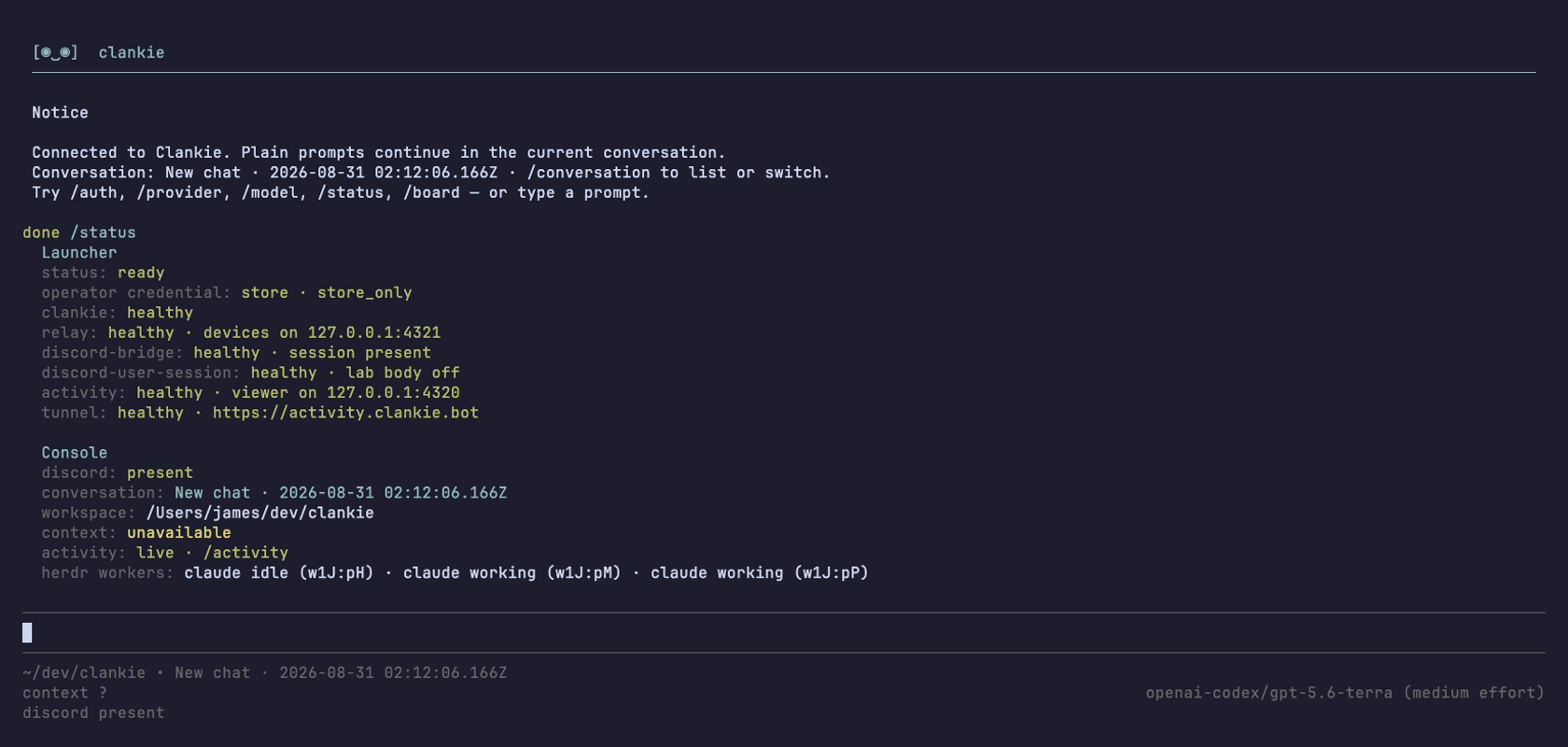/status shows whether the services are healthy and where Clankie is present. This capture is from the August console.