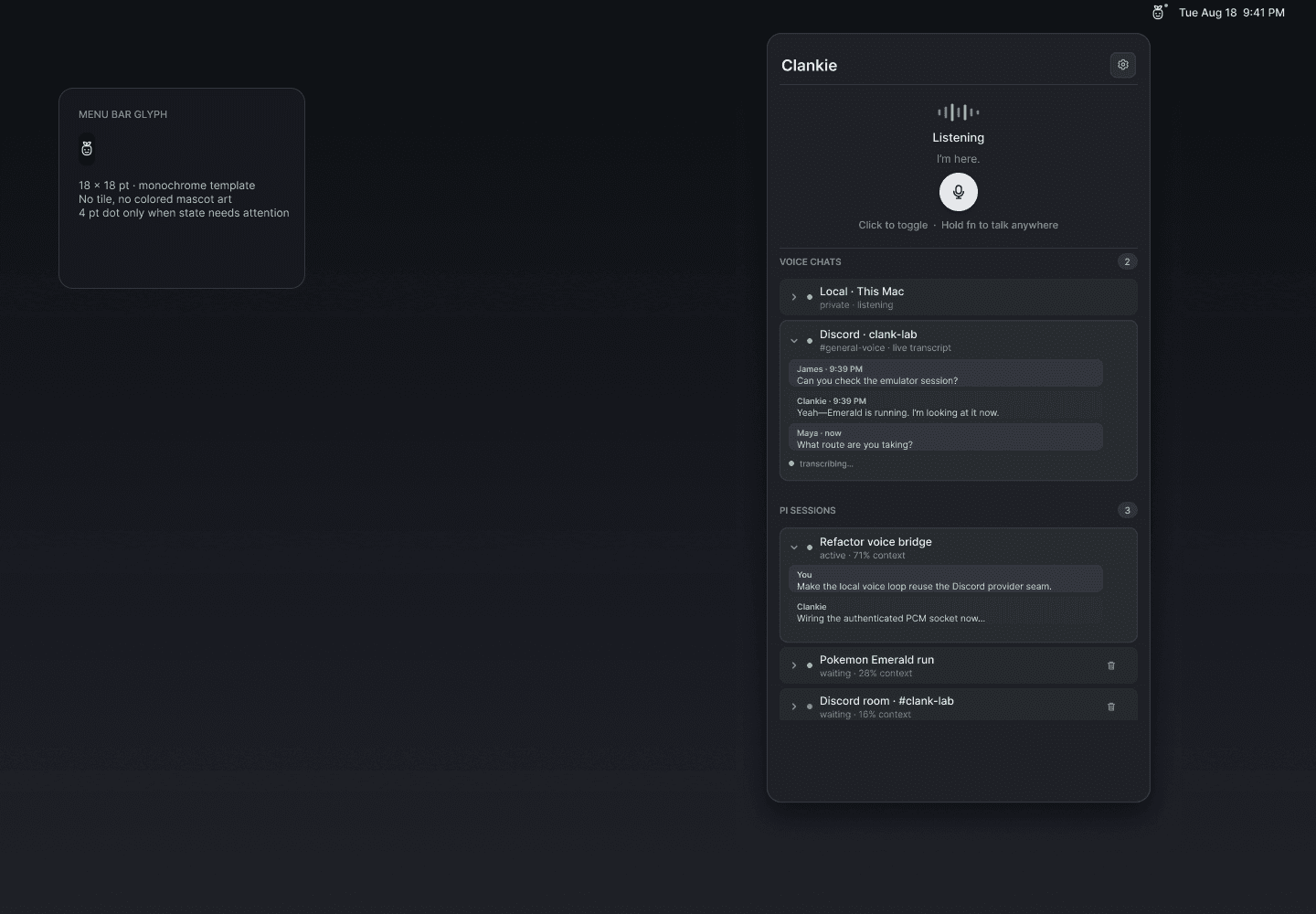 Clankie menu-bar desktop mockup