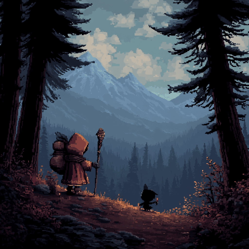 Clanky and companion overlooking a mountain forest